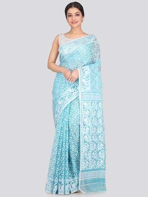 blue cotton jamdani saree - 18387435 - Very Small Image - 1