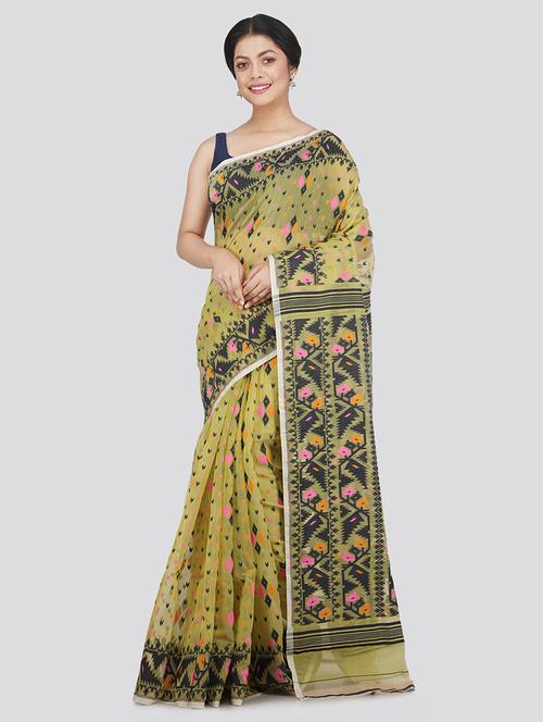 yellow cotton jamdani saree - 18387465 - Very Small Image - 1