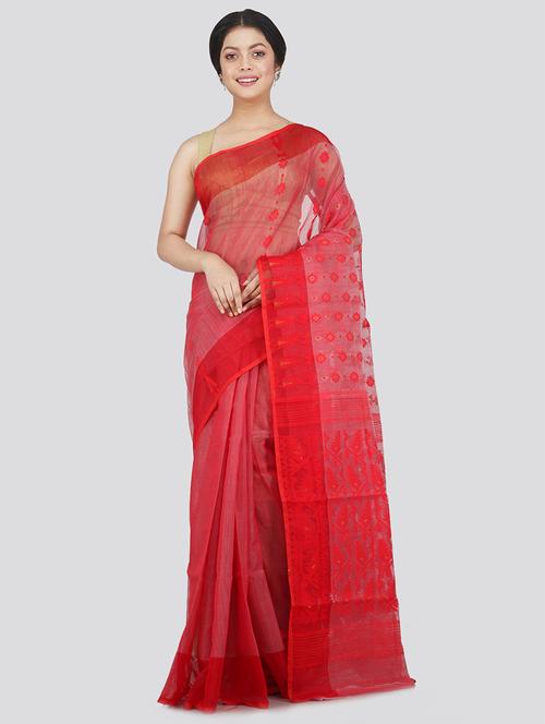 red cotton blend jamdani saree - 18387507 - Very Small Image - 1