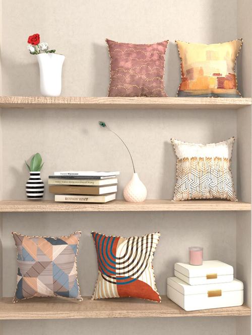 bianca designer reversible printed silk linen cushion covers -5pc 16 x16 set (suzane) suzane-earthy/beige - 18387688 - Very Small Image - 1