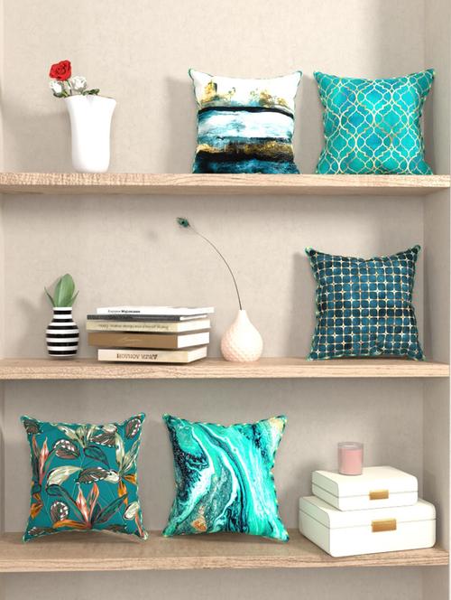 bianca designer reversible printed silk linen cushion covers -5pc 16 x16 set (suzane) suzane-teal/gold - 18387718 - Very Small Image - 1