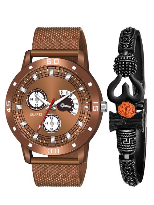 kajaru new fancy stylish - brown pu strap & mahadev bracelet combo watch - 18389155 - Very Small Image - 1
