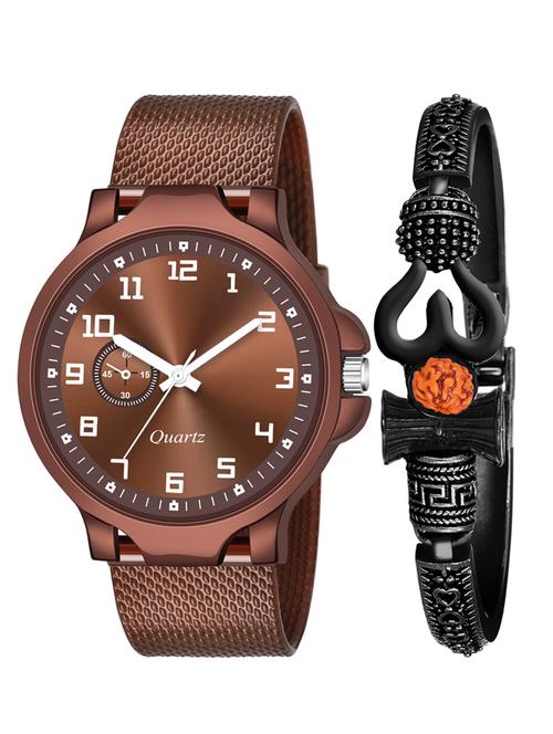 kajaru new fancy stylish - brown pu strap & mahadev bracelet combo watch - 18389168 - Very Small Image - 1