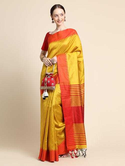 yellow solid with border saree with blouse - 18389462 - Very Small Image - 1