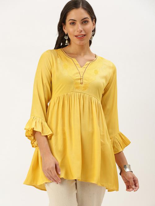 yellow solid a-line kurti - 18390161 - Very Small Image - 1