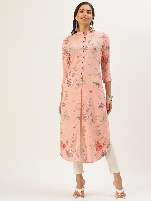 peach floral straight kurta - 18390179 - Very Small Image - 1