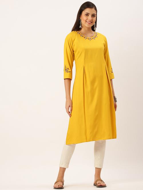 women round neck straight kurta with neck embroidery - 18390215 - Very Small Image - 1