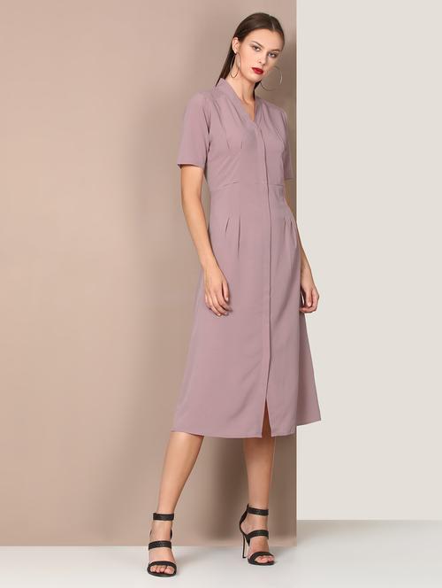 concealed placket solid a-line dress - 18391679 - Very Small Image - 1