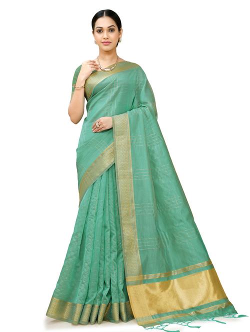 turquoise silk blend saree with blouse - 18392730 - Very Small Image - 1