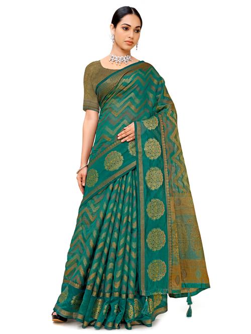 teal woven saree with blouse - 18392779 - Very Small Image - 1