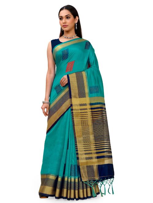turquoise silk blend saree with blouse - 18392794 - Very Small Image - 1