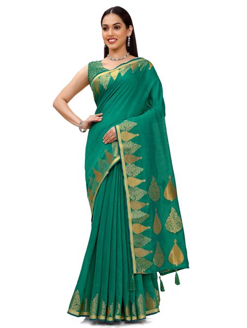 turquoise silk blend saree with blouse - 18392808 - Very Small Image - 1