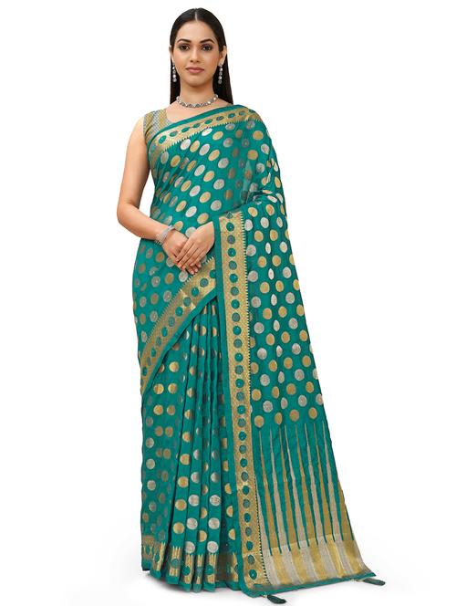 teal woven saree with blouse - 18392812 - Very Small Image - 1