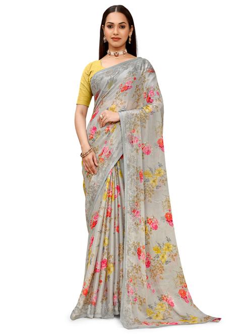 Grey Chiffon Printed Saree With Blouse - 18392908 - Very Small Image - 1