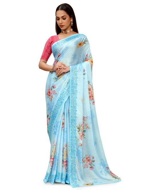 Blue Chiffon Printed Saree With Blouse - 18392909 - Very Small Image - 1