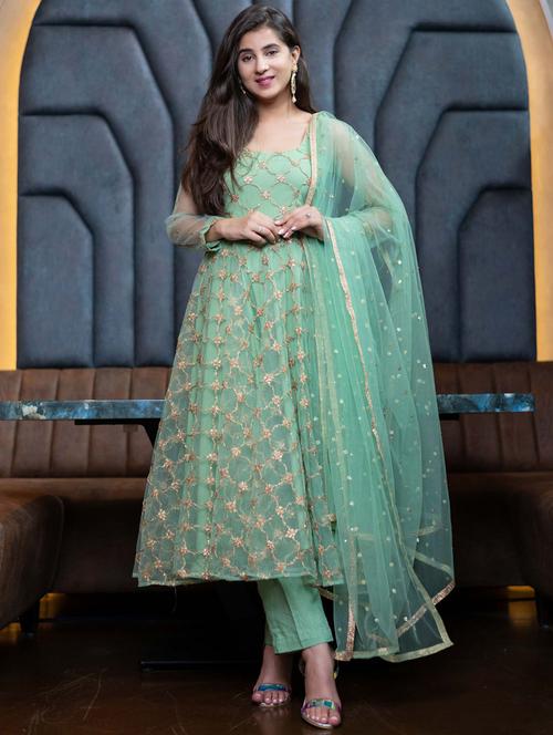 green straight pant suit semi-stitched suit - 18395521 - Very Small Image - 1