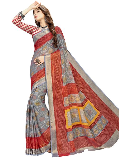 grey printed saree with blouse - 18395985 - Very Small Image - 1