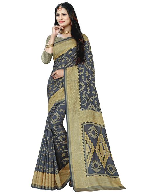 grey colored printed saree with blouse - 18396996 - Very Small Image - 1