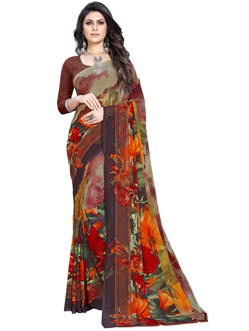 brown printed saree with blouse - 18397259 - Very Small Image - 1