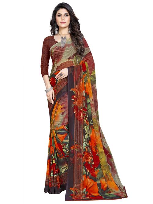 brown printed saree - 18397261 - Very Small Image - 1