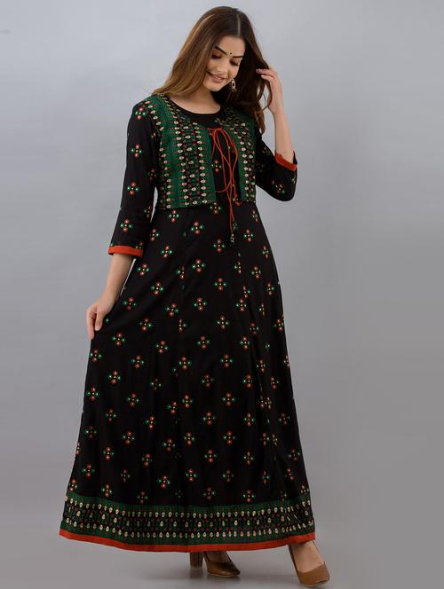 black floral flared kurta - 18397929 - Very Small Image - 1