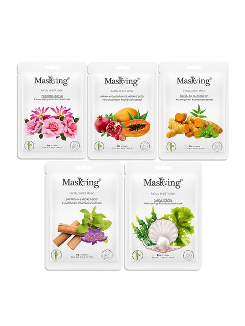 masking bamboo facial sheet mask of pink rose, papaya, neem, saffron & algae ideal for women & men (combo pack of 5) (100 g) - 18398609 - Very Small Image - 1