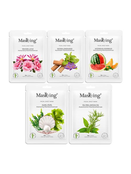 masking bamboo facial sheet mask of pink rose, saffron, algae, watermelon & tea tree ideal for women & men (combo pack of 5) - 18398611 - Very Small Image - 1