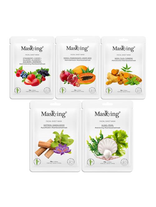 masking bamboo facial sheet mask of strawberry, papaya, neem, saffron & algae ideal for women & men (combo pack of 5) (100 g) - 18398615 - Very Small Image - 1
