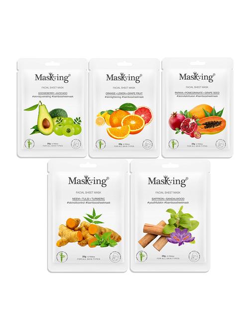 masking bamboo facial sheet mask of gooseberry, orange, papaya, neem & saffron ideal for women & men (combo pack of 5) (100 g) - 18398623 - Very Small Image - 1