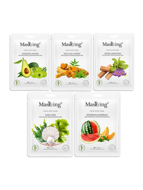 masking bamboo facial sheet mask of gooseberry, neem, saffron, algae & watermelon ideal for women & men (combo pack of 5) - 18398625 - Very Small Image - 1