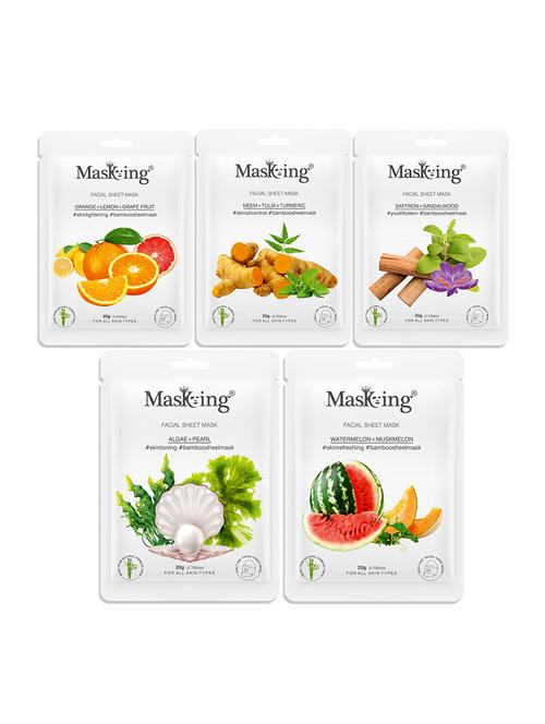 masking bamboo facial sheet mask of orange, neem, saffron, algae & watermelon ideal for women & men (combo pack of 5) (100 g) - 18398628 - Very Small Image - 1