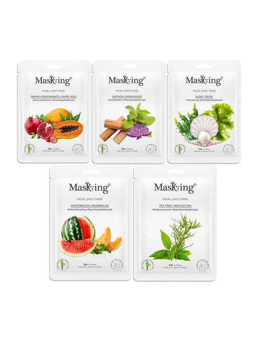masking bamboo facial sheet mask of papaya, saffron, algae, watermelon & tea tree ideal for women & men (combo pack of 5) - 18398631 - Very Small Image - 1