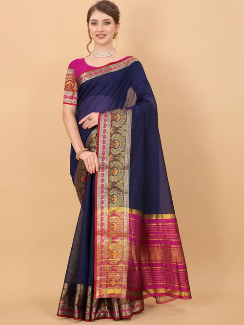 navy cotton woven saree with blouse - 18400334 - Very Small Image - 1