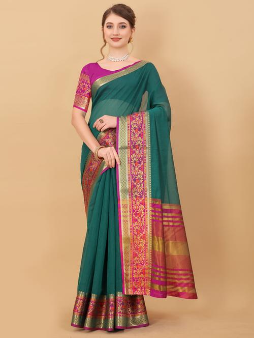 green cotton woven saree with blouse - 18400335 - Very Small Image - 1