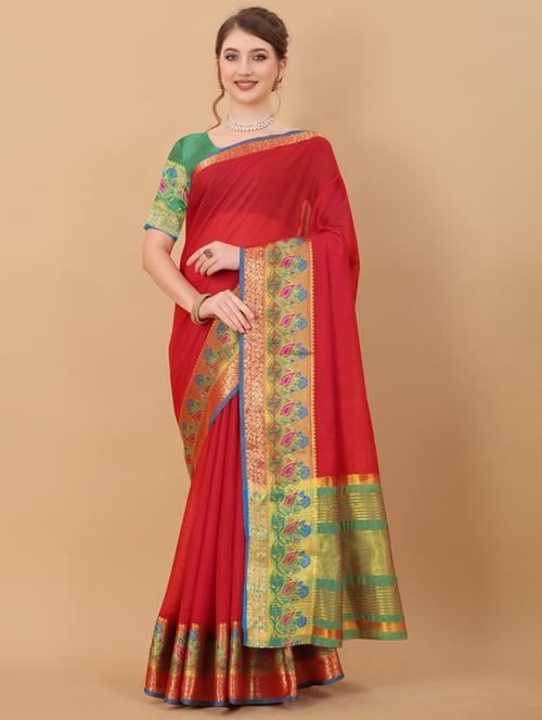 red cotton woven saree with blouse - 18400336 - Very Small Image - 1