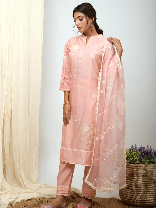 pink cotton silk kurta pant  set - 18400370 - Very Small Image - 1