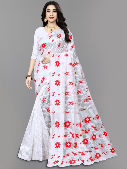 white cotton silk jamdani saree - 18401307 - Very Small Image - 1