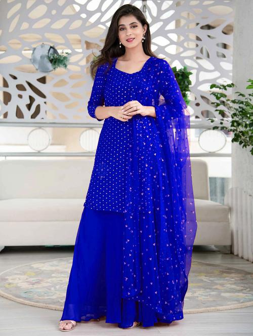 embroidered semi-stitched sharara suit set - 18401706 - Very Small Image - 1