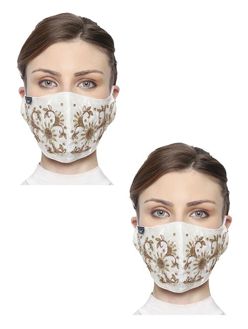pack of 2 white & gold 3-ply art silk embellished fabric fashion mask - 18403031 - Very Small Image - 1