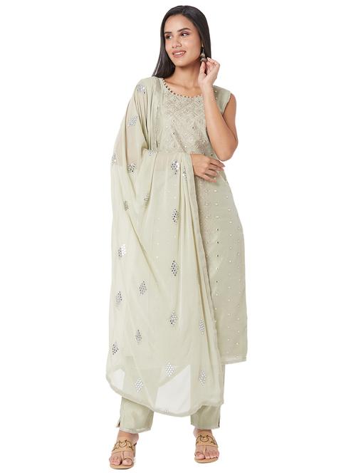 grey chanderi kurta pant  set - 18403598 - Very Small Image - 1