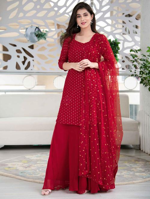red kurta skirt semi-stitched suit set - 18404008 - Very Small Image - 1