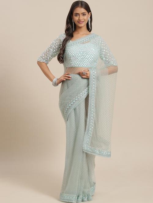 turquoise embroidered saree with blouse - 18404113 - Very Small Image - 1