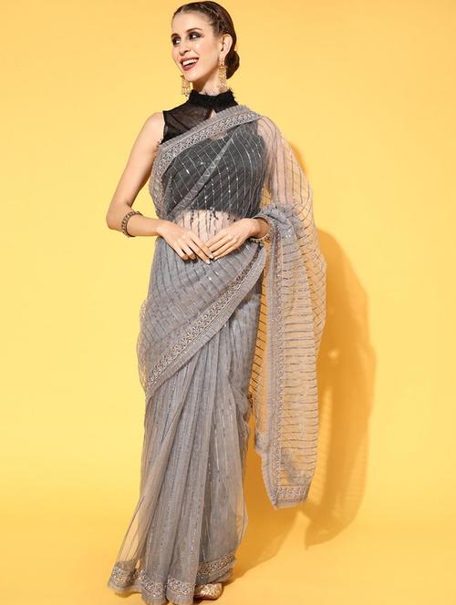grey embroidered saree with blouse - 18404121 - Very Small Image - 1