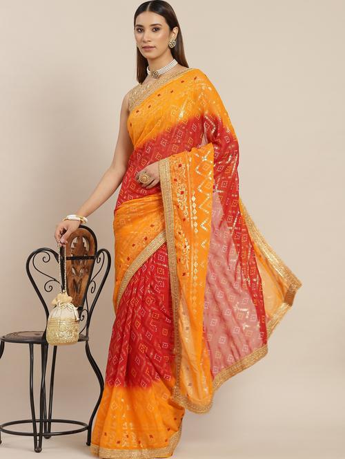 red embroidered saree with blouse - 18404147 - Very Small Image - 1