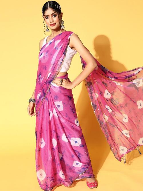 women's printed magenta colored saree with blouse - 18404167 - Very Small Image - 1