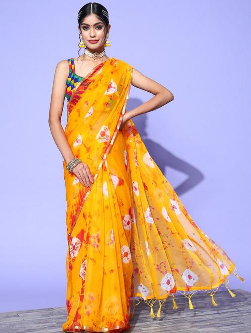 women's bandhani mustard colored saree with blouse - 18404168 - Very Small Image - 1