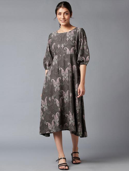 brown printed flared ethnic dress - 18406075 - Very Small Image - 1