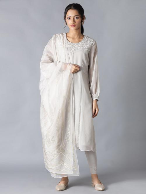 grey satin kurta legging  set - 18407075 - Very Small Image - 1