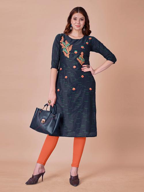 navy embroidered straight kurta - 18407908 - Very Small Image - 1