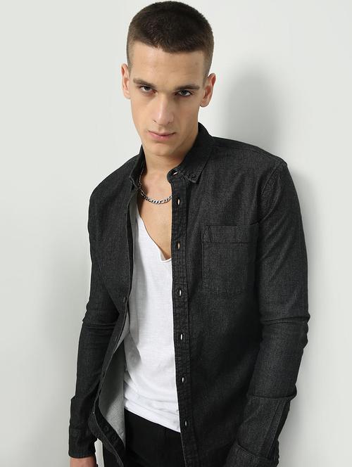 black solid casual shirt - 18408325 - Very Small Image - 1